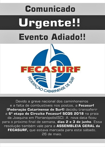 Etapa do Fecasurf SCQS 2018 na Joaquina é adiado 