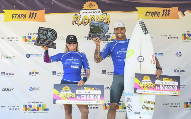 Laura Raupp e Lucas Silveira festejam vitórias no Corona Cero Dream Tour Floripa